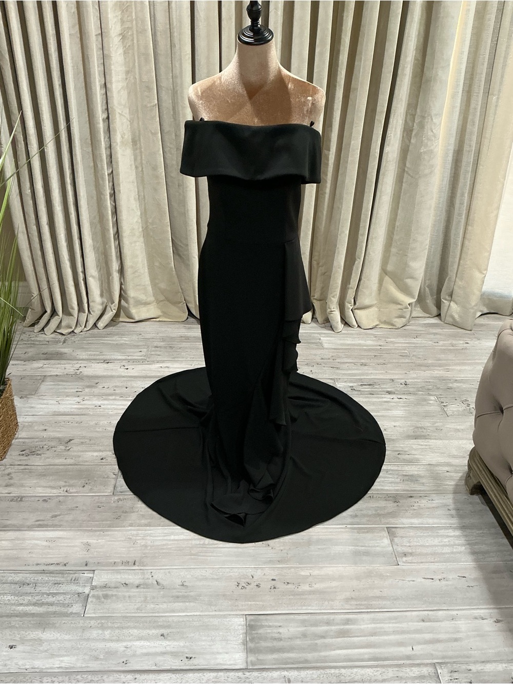 Adam Strapless Black Off-the-Shoulder Evening Gown with Train